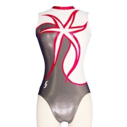 Club Gymnastics Leotard Falbala-04, silvery grey and red